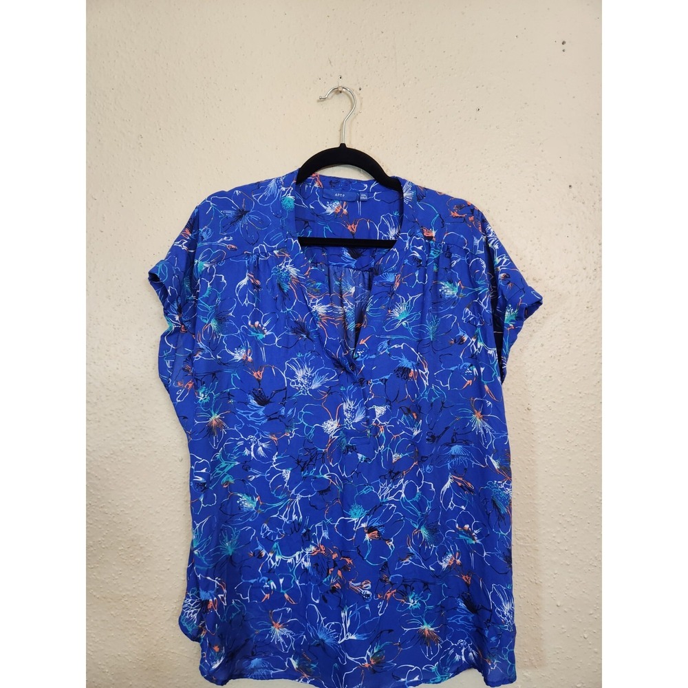 Apt. 9 Womens XXL Blue Floral Blouse Short Sleeve V-Neck Pleated Back Relaxed